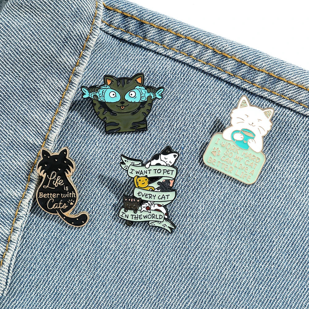 Life Is Better Cats Enamel Brooches Cartoon Cat Fish Coffee Shirt Lapel Pin Bag