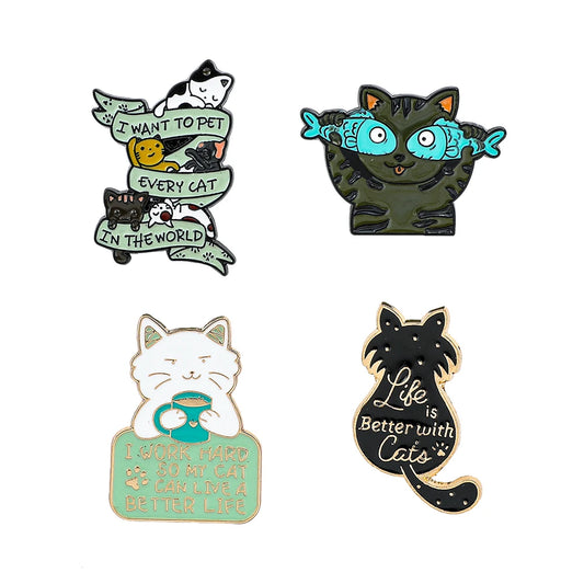 Life Is Better Cats Enamel Brooches Cartoon Cat Fish Coffee Shirt Lapel Pin Bag