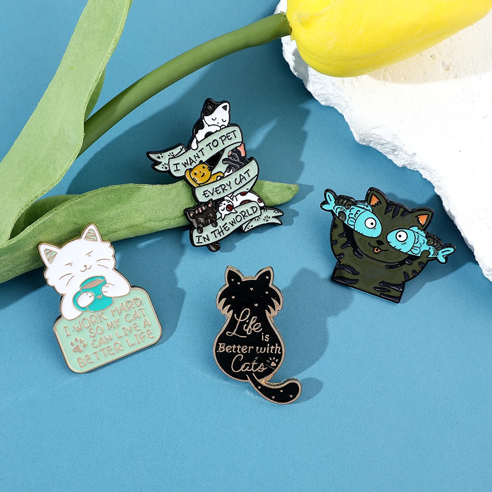 Life Is Better Cats Enamel Brooches Cartoon Cat Fish Coffee Shirt Lapel Pin Bag