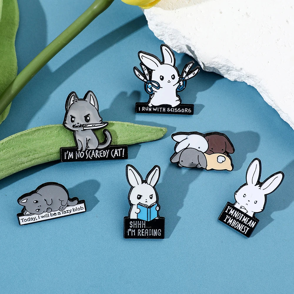 Bunny Rabbits Brooches Kitty Dagger Scissors Book  Enamel Lapel Pins Badges Hat Bag for Backpack Pins Accessories Jewelry